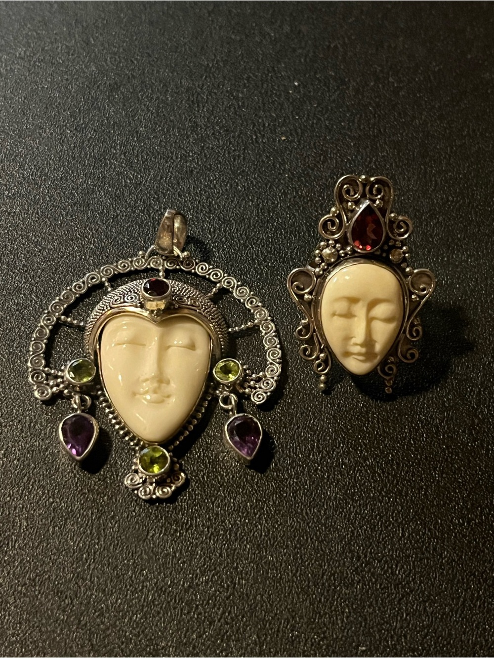 Bali goddess pendant and ring Set. Size 7.25 multi gemstones. Sterling 925